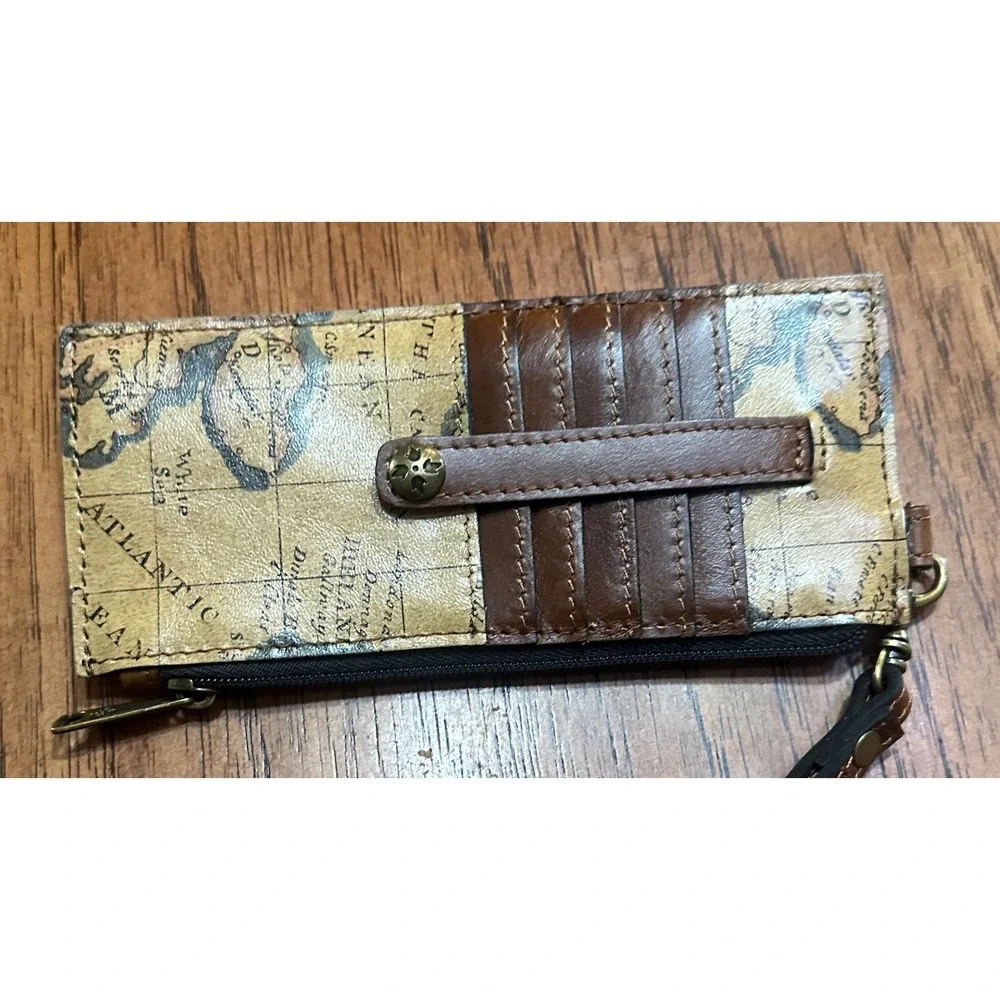 Patricia Nash Vintage Map Leather RFID Card Case Wristlet Wallet Brown Tan